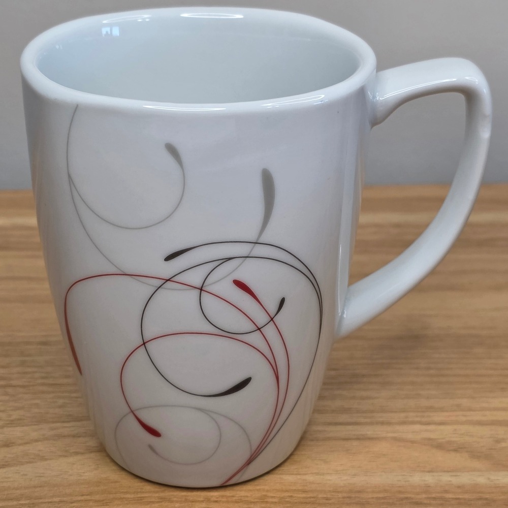 Corelle Splendor Coffee Mugs Square 4.25" 14oz Set of 4 White Red Gray Swirl - Picture 2 of 9